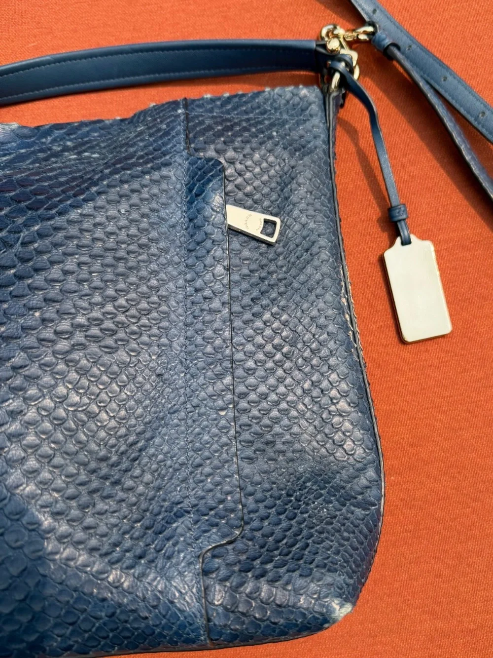 Coach bag in navy blue python-embossed leather with polished gold hardware